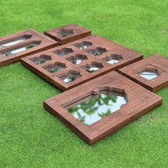 Mehrab Hand Carved Indian Solid Wood Temple Mirror Wall Decor Set of 5