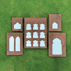 Mehrab Hand Carved Indian Solid Wood Temple Mirror Wall Decor Set of 5