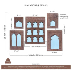 Mehrab Hand Carved Indian Solid Wood Temple Mirror Wall Decor Set of 5