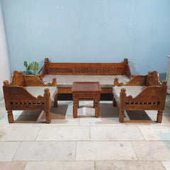 Indian Furniture Classic Hand Carved Traditional Sofa Set With Center Table D2