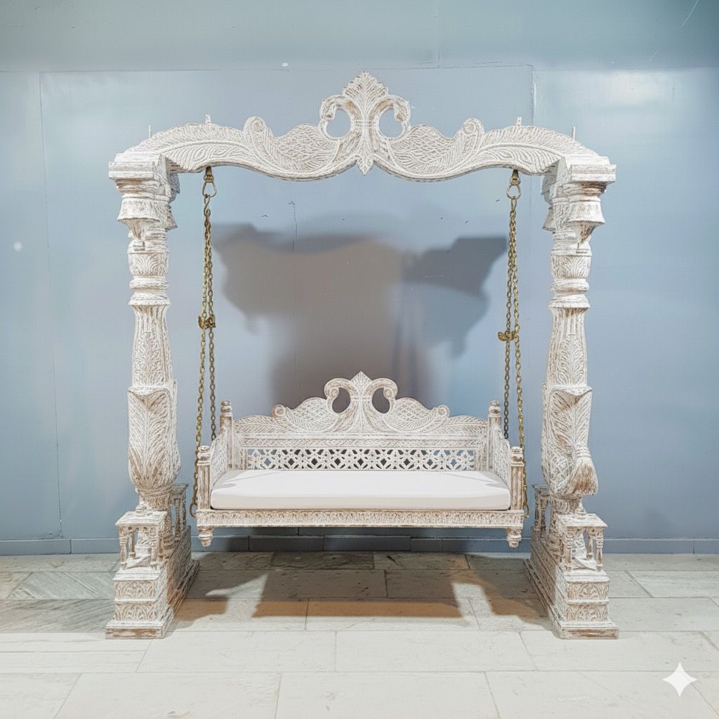 Maharaja Indian Traditional Hand Carved Solid Wood Swing Set Whitewash 3