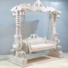 Maharaja Indian Traditional Hand Carved Solid Wood Swing Set Whitewash 3