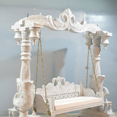 Maharaja Indian Traditional Hand Carved Solid Wood Swing Set Whitewash 3