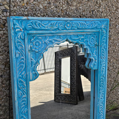 Handmade Indian Furniture Solid Hard Wood Mirror Frame Mehrab Carvings Blue 90x60Cm