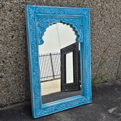 Handmade Indian Furniture Solid Hard Wood Mirror Frame Mehrab Carvings Blue 90x60Cm