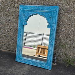 Handmade Indian Furniture Solid Hard Wood Mirror Frame Mehrab Carvings Blue 90x60Cm