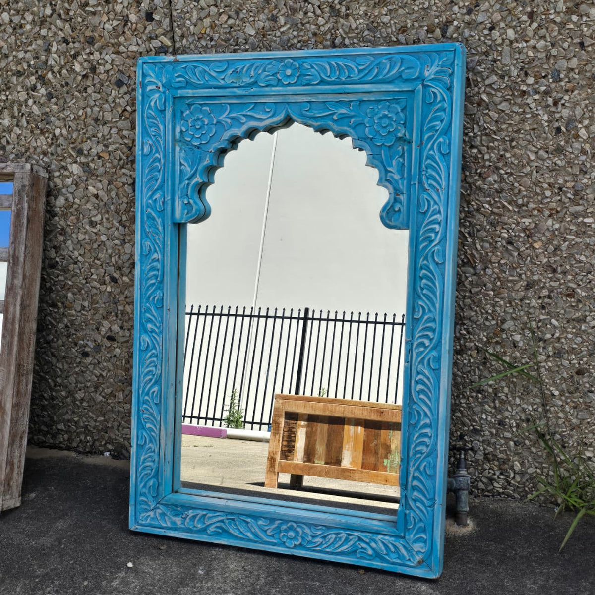 Handmade Indian Furniture Solid Hard Wood Mirror Frame Mehrab Carvings Blue 90x60Cm