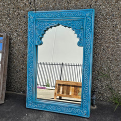 Handmade Indian Furniture Solid Hard Wood Mirror Frame Mehrab Carvings Blue 90x60Cm