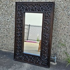 Indian Handmade Carved Wooden Mirror Frame Chocolate Brown 90X5X60Cm