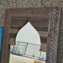 Handmade Indian Furniture Solid Hard Wood Mirror Frame Mehrab Carvings Old Door 120x75Cm