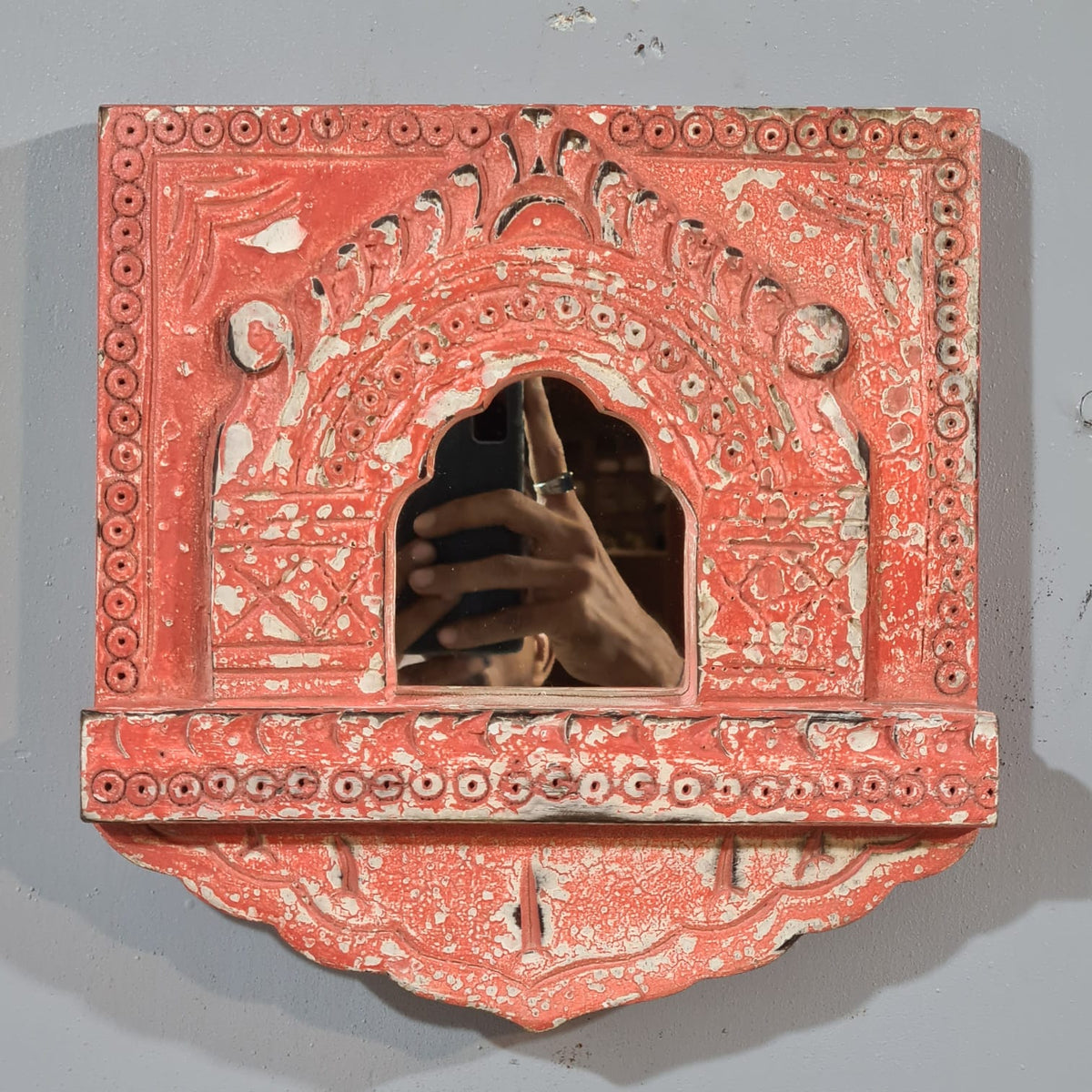 Mehrab Hand Carved Indian Solid Wood Temple Mirror Wall Decor