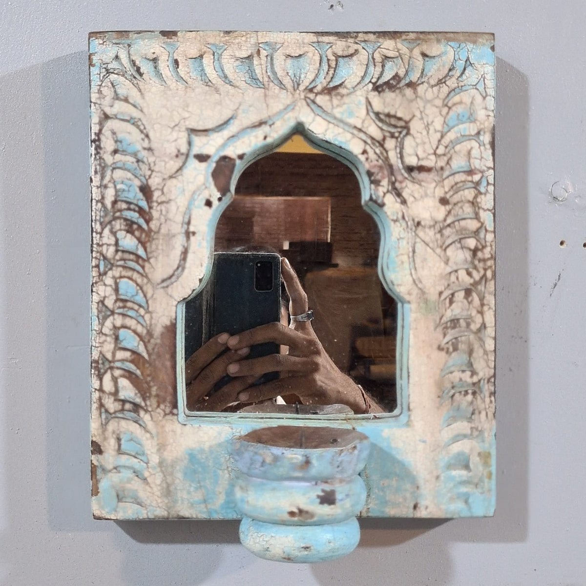 Mehrab Hand Carved Indian Solid Wood Temple Mirror With Candle Stand Wall Decor