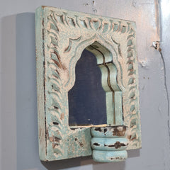 Mehrab Hand Carved Indian Solid Wood Temple Mirror With Candle Stand Wall Decor