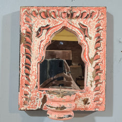 Mehrab Hand Carved Indian Solid Wood Temple Mirror With Candle Stand Wall Decor