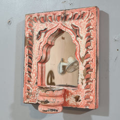 Mehrab Hand Carved Indian Solid Wood Temple Mirror With Candle Stand Wall Decor
