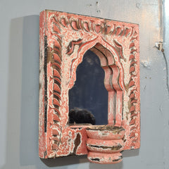 Mehrab Hand Carved Indian Solid Wood Temple Mirror With Candle Stand Wall Decor