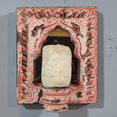Mehrab Hand Carved Indian Solid Wood Temple Mirror With Candle Stand Wall Decor