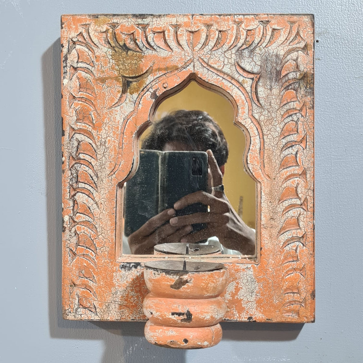 Mehrab Hand Carved Indian Solid Wood Temple Mirror With Candle Stand Wall Decor