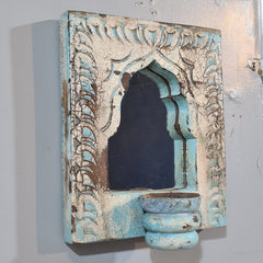 Mehrab Hand Carved Indian Solid Wood Temple Mirror With Candle Stand Wall Decor