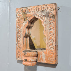 Mehrab Hand Carved Indian Solid Wood Temple Mirror With Candle Stand Wall Decor