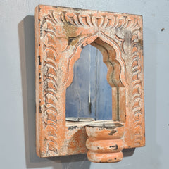 Mehrab Hand Carved Indian Solid Wood Temple Mirror With Candle Stand Wall Decor