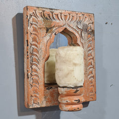 Mehrab Hand Carved Indian Solid Wood Temple Mirror With Candle Stand Wall Decor