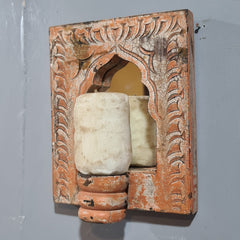 Mehrab Hand Carved Indian Solid Wood Temple Mirror With Candle Stand Wall Decor