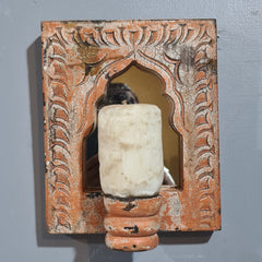Mehrab Hand Carved Indian Solid Wood Temple Mirror With Candle Stand Wall Decor