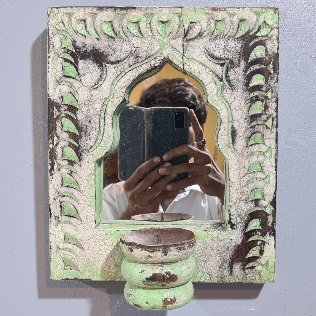 Mehrab Hand Carved Indian Solid Wood Temple Mirror With Candle Stand Wall Decor