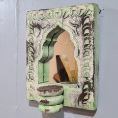 Mehrab Hand Carved Indian Solid Wood Temple Mirror With Candle Stand Wall Decor