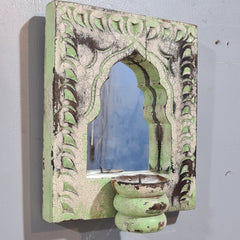 Mehrab Hand Carved Indian Solid Wood Temple Mirror With Candle Stand Wall Decor