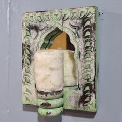Mehrab Hand Carved Indian Solid Wood Temple Mirror With Candle Stand Wall Decor