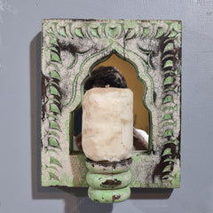 Mehrab Hand Carved Indian Solid Wood Temple Mirror With Candle Stand Wall Decor