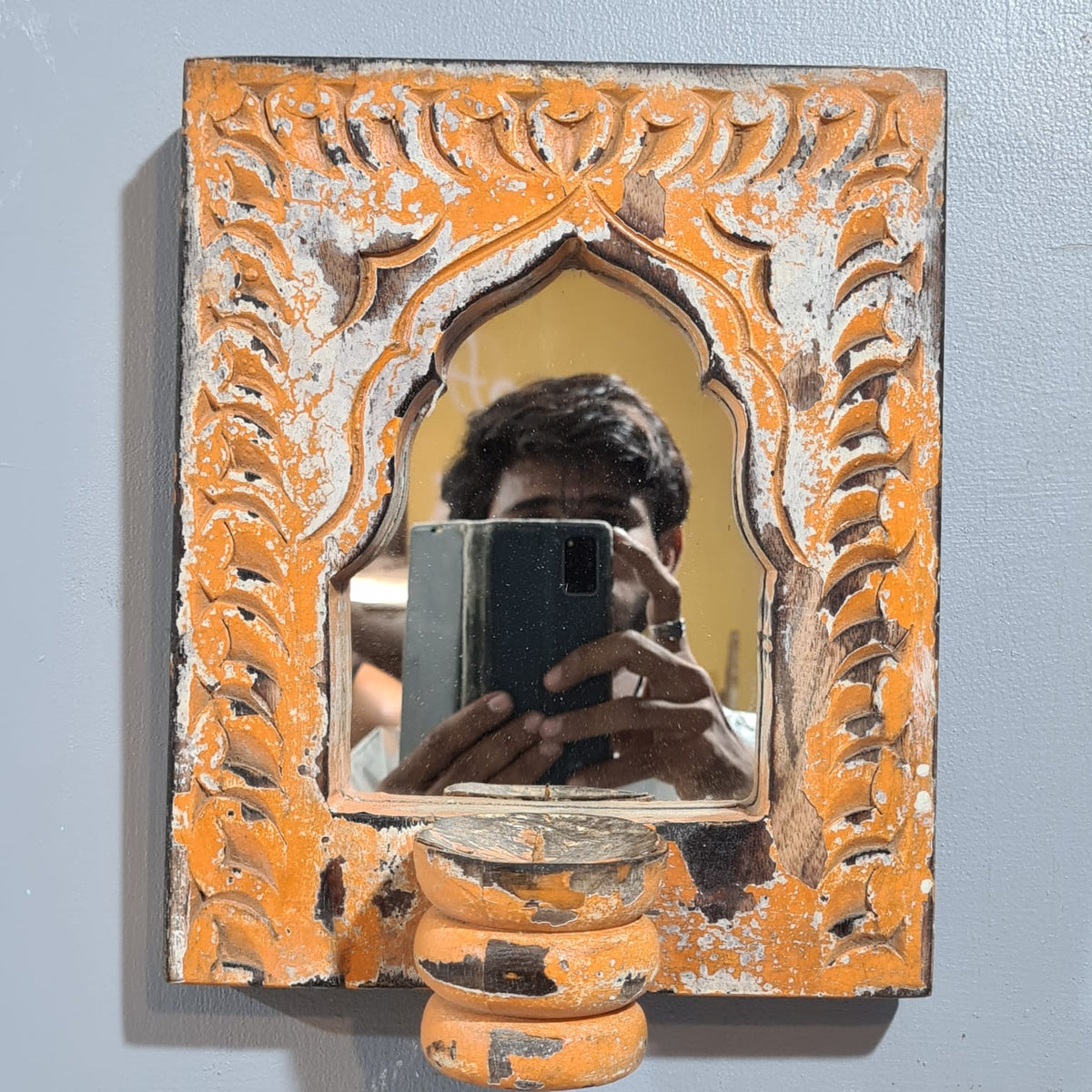 Mehrab Hand Carved Indian Solid Wood Temple Mirror With Candle Stand Wall Decor