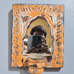 Mehrab Hand Carved Indian Solid Wood Temple Mirror With Candle Stand Wall Decor