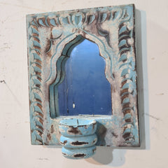 Mehrab Hand Carved Indian Solid Wood Temple Mirror With Candle Stand Wall Decor