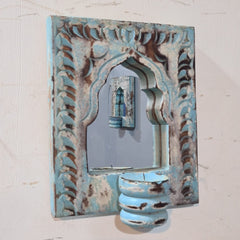 Mehrab Hand Carved Indian Solid Wood Temple Mirror With Candle Stand Wall Decor