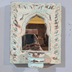 Mehrab Hand Carved Indian Solid Wood Temple Mirror With Candle Stand Wall Decor