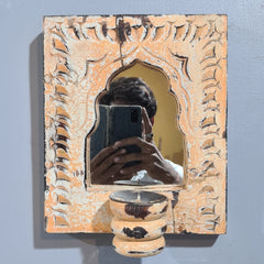 Mehrab Hand Carved Indian Solid Wood Temple Mirror With Candle Stand Wall Decor