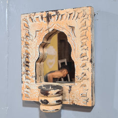 Mehrab Hand Carved Indian Solid Wood Temple Mirror With Candle Stand Wall Decor