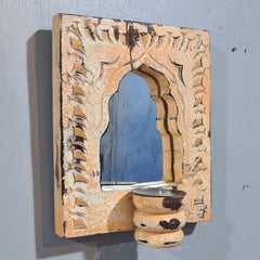 Mehrab Hand Carved Indian Solid Wood Temple Mirror With Candle Stand Wall Decor