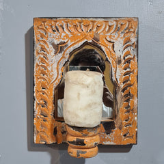 Mehrab Hand Carved Indian Solid Wood Temple Mirror With Candle Stand Wall Decor