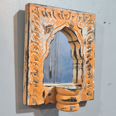 Mehrab Hand Carved Indian Solid Wood Temple Mirror With Candle Stand Wall Decor