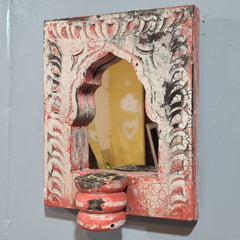 Mehrab Hand Carved Indian Solid Wood Temple Mirror With Candle Stand Wall Decor