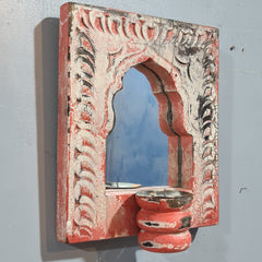 Mehrab Hand Carved Indian Solid Wood Temple Mirror With Candle Stand Wall Decor