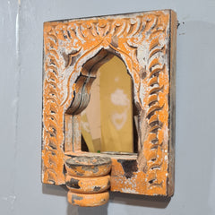 Mehrab Hand Carved Indian Solid Wood Temple Mirror With Candle Stand Wall Decor
