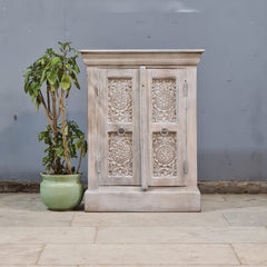 Handcrafted Whitewashed Carved Wooden Sideboard Cabinet – Solid Wood Storage Cabinet with Floral Carving | Rustic Boho Farmhouse Home Decor