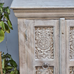 Handcrafted Whitewashed Carved Wooden Sideboard Cabinet – Solid Wood Storage Cabinet with Floral Carving | Rustic Boho Farmhouse Home Decor
