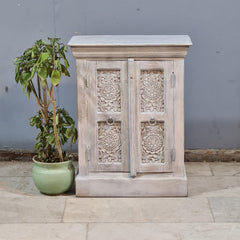 Handcrafted Whitewashed Carved Wooden Sideboard Cabinet – Solid Wood Storage Cabinet with Floral Carving | Rustic Boho Farmhouse Home Decor