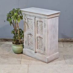 Handcrafted Whitewashed Carved Wooden Sideboard Cabinet – Solid Wood Storage Cabinet with Floral Carving | Rustic Boho Farmhouse Home Decor